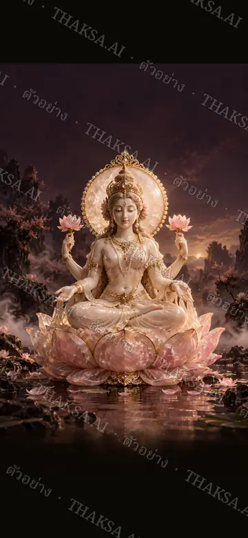 ประติมากรรมพระลักษมีสีโรสควอตซ์บนดอกบัว แสงมุกและทองในเงาพลัม
