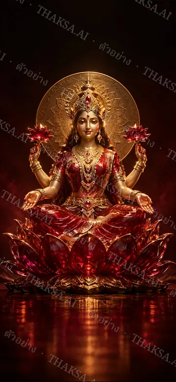 พระลักษมีประดับทองบนดอกบัวผลึกทับทิมสีแดงลึก