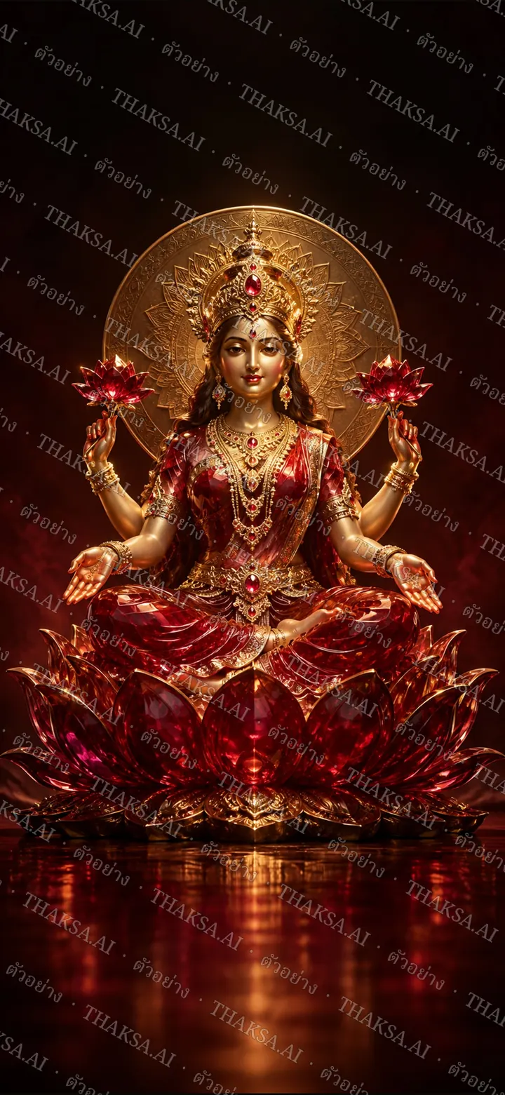 พระลักษมีประดับทองบนดอกบัวผลึกทับทิมสีแดงลึก