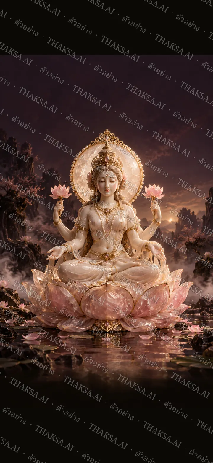 ประติมากรรมพระลักษมีสีโรสควอตซ์บนดอกบัว แสงมุกและทองในเงาพลัม