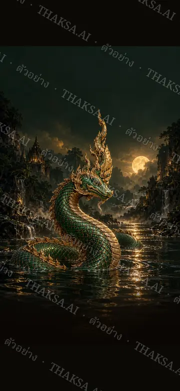 พญานาคหนึ่งเศียรสีมรกต เกล็ดขลิบทองเหนือผิวน้ำหยกเข้ม