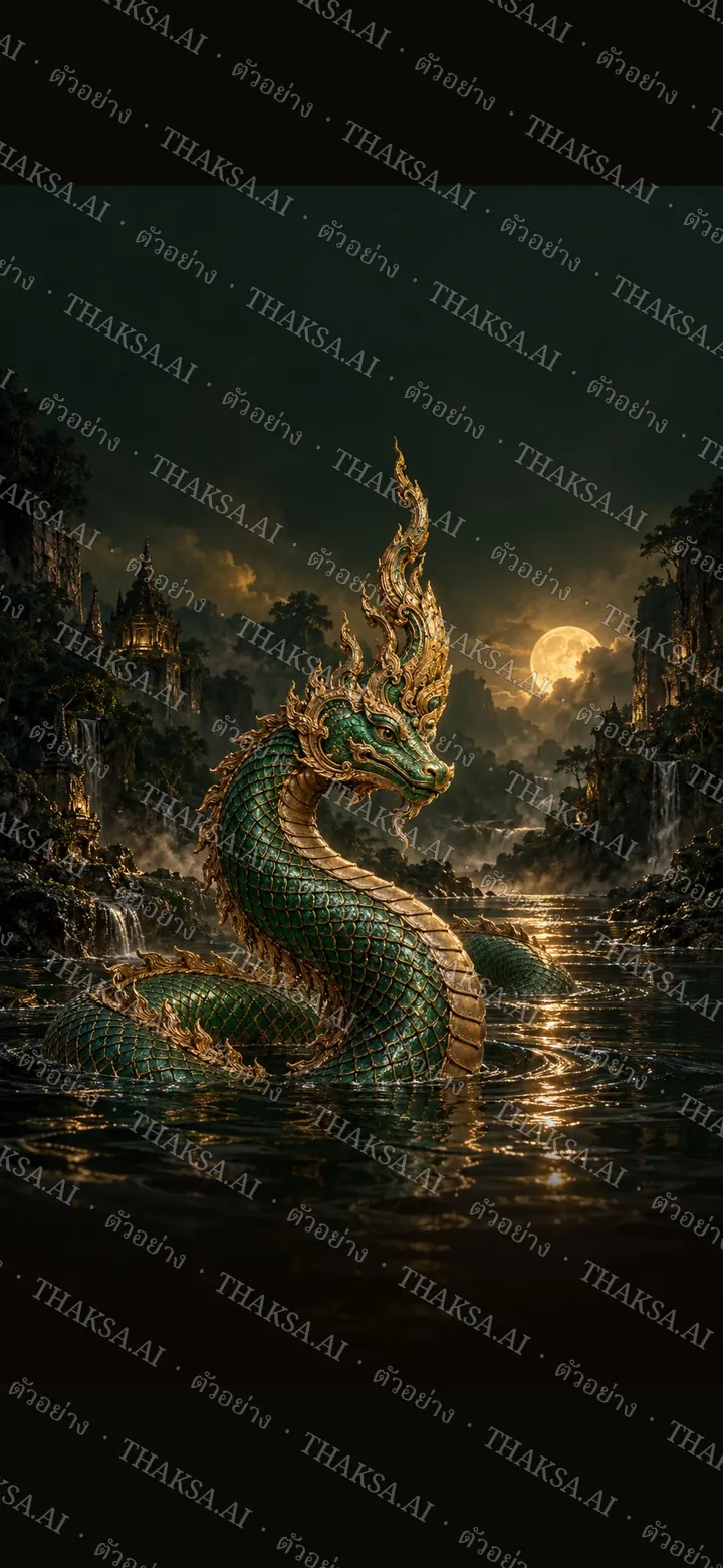 พญานาคหนึ่งเศียรสีมรกต เกล็ดขลิบทองเหนือผิวน้ำหยกเข้ม